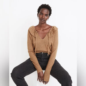 Madewell XS Long Sleeve Tan Top Tie-Neck Ruffle Pullover Sweater Merino Wool